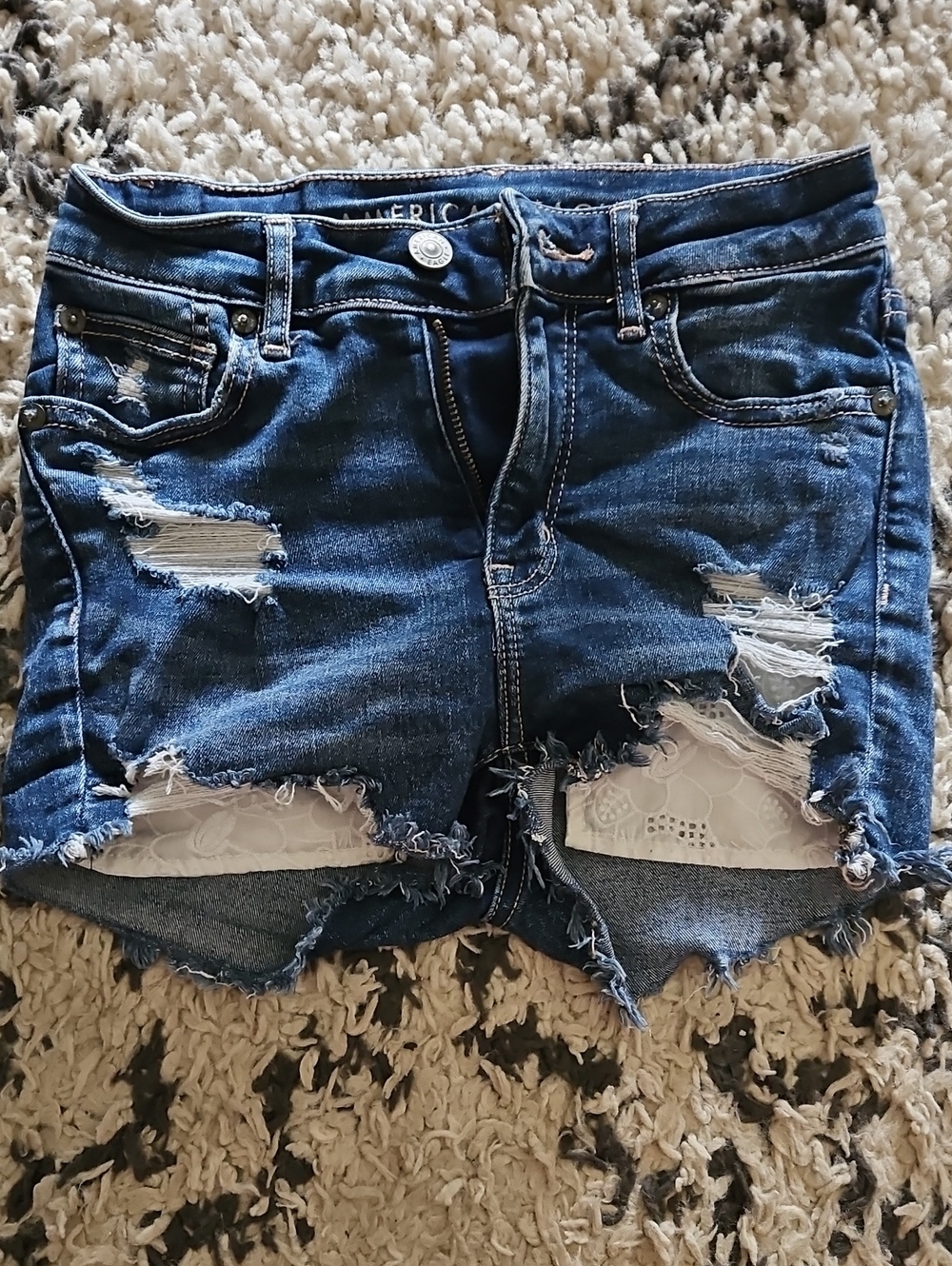 American Eagle Outfitters Distressed Dark Blue Denim Shorts with Lace Pockets